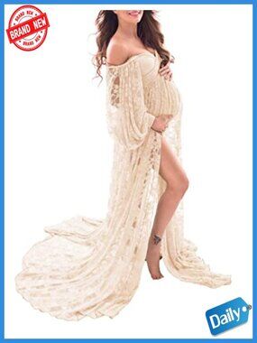 Sheer Lace Off Shoulder Maternity Maxi Dress with Double Split Photoshoot Gown